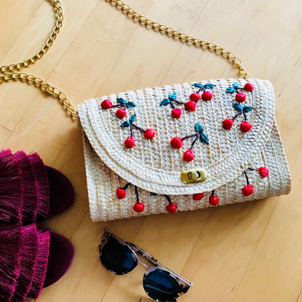 Rattan Embroidered Cherry Straw Clutch with Chain